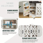 White cabinet with adjustable shelves and decorative patterns, featuring text on features.