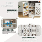 White cabinet with adjustable shelves and decorative patterns, featuring text on features.