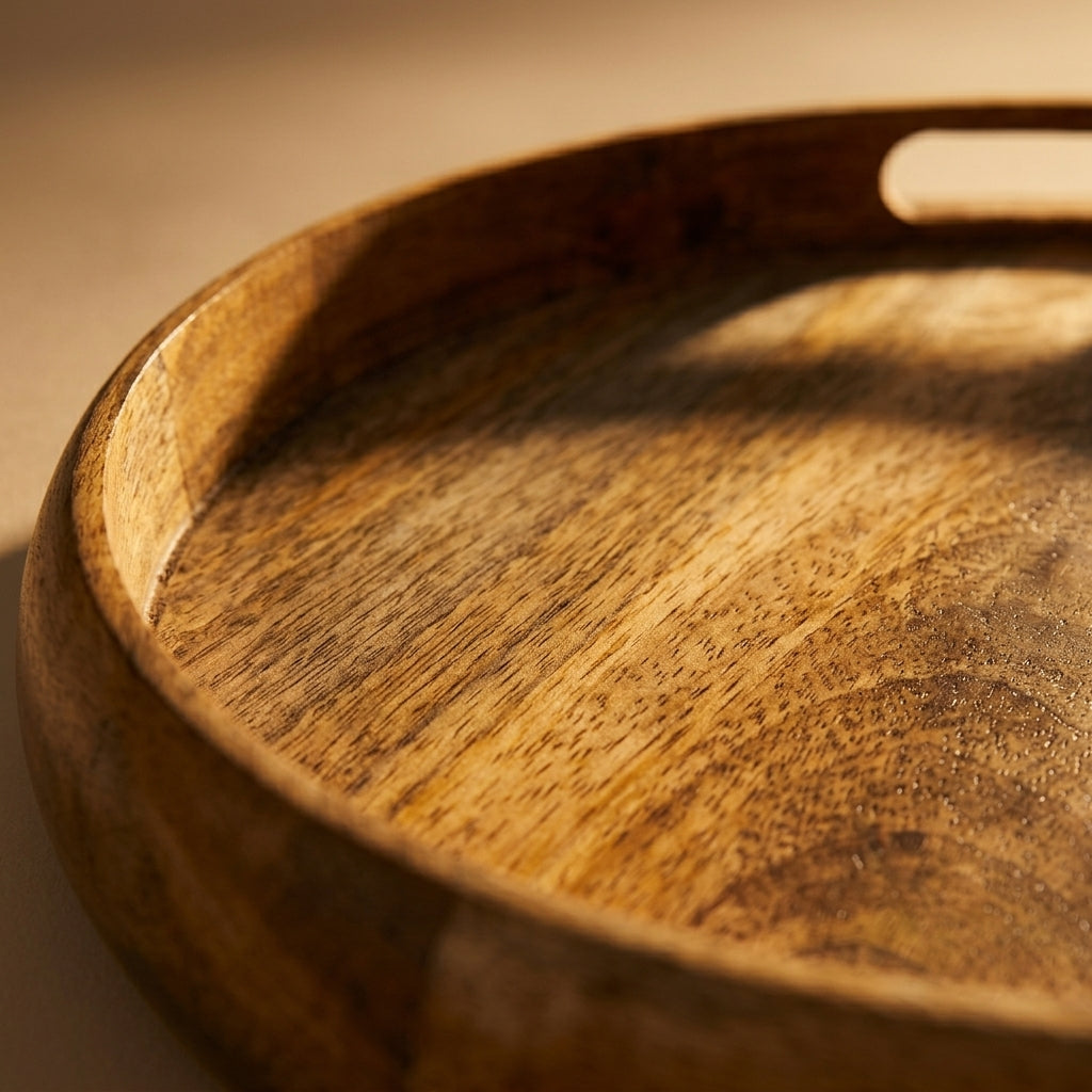 Close-up of a wooden tray with a warm brown color.