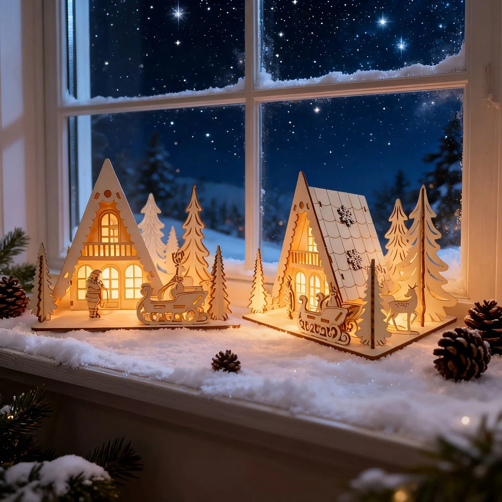 3D Laser-Cut Wooden Christmas House Decoration - Traditional Style Tabletop Ornament with Santa Claus, Reindeer Sleigh & Pine Trees Scene, Perfect for Holiday Home, Mantel, and Party Decor, Christmas Decorations, Christma Vil House Of Avana [[SKU:HOA-SCU-235]]
