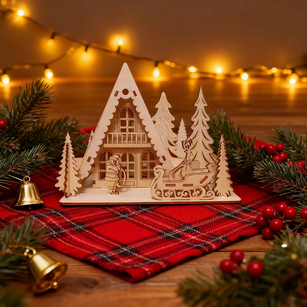 3D Laser-Cut Wooden Christmas House Decoration - Traditional Style Tabletop Ornament with Santa Claus, Reindeer Sleigh & Pine Trees Scene, Perfect for Holiday Home, Mantel, and Party Decor, Christmas Decorations, Christma Vil House Of Avana [[SKU:HOA-SCU-235]]