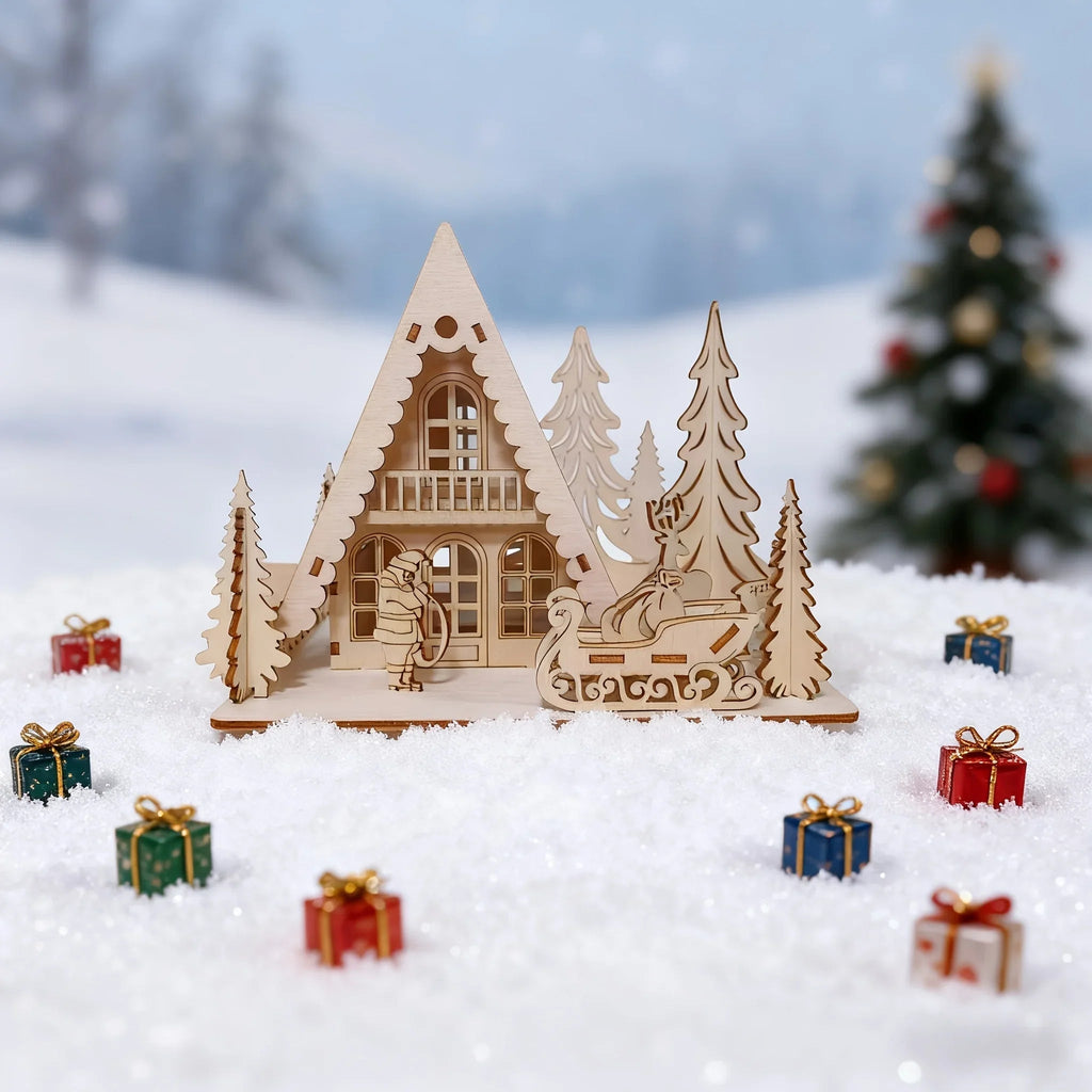 3D Laser-Cut Wooden Christmas House Decoration - Traditional Style Tabletop Ornament with Santa Claus, Reindeer Sleigh & Pine Trees Scene, Perfect for Holiday Home, Mantel, and Party Decor, Christmas Decorations, Christma Vil House Of Avana [[SKU:HOA-SCU-235]]
