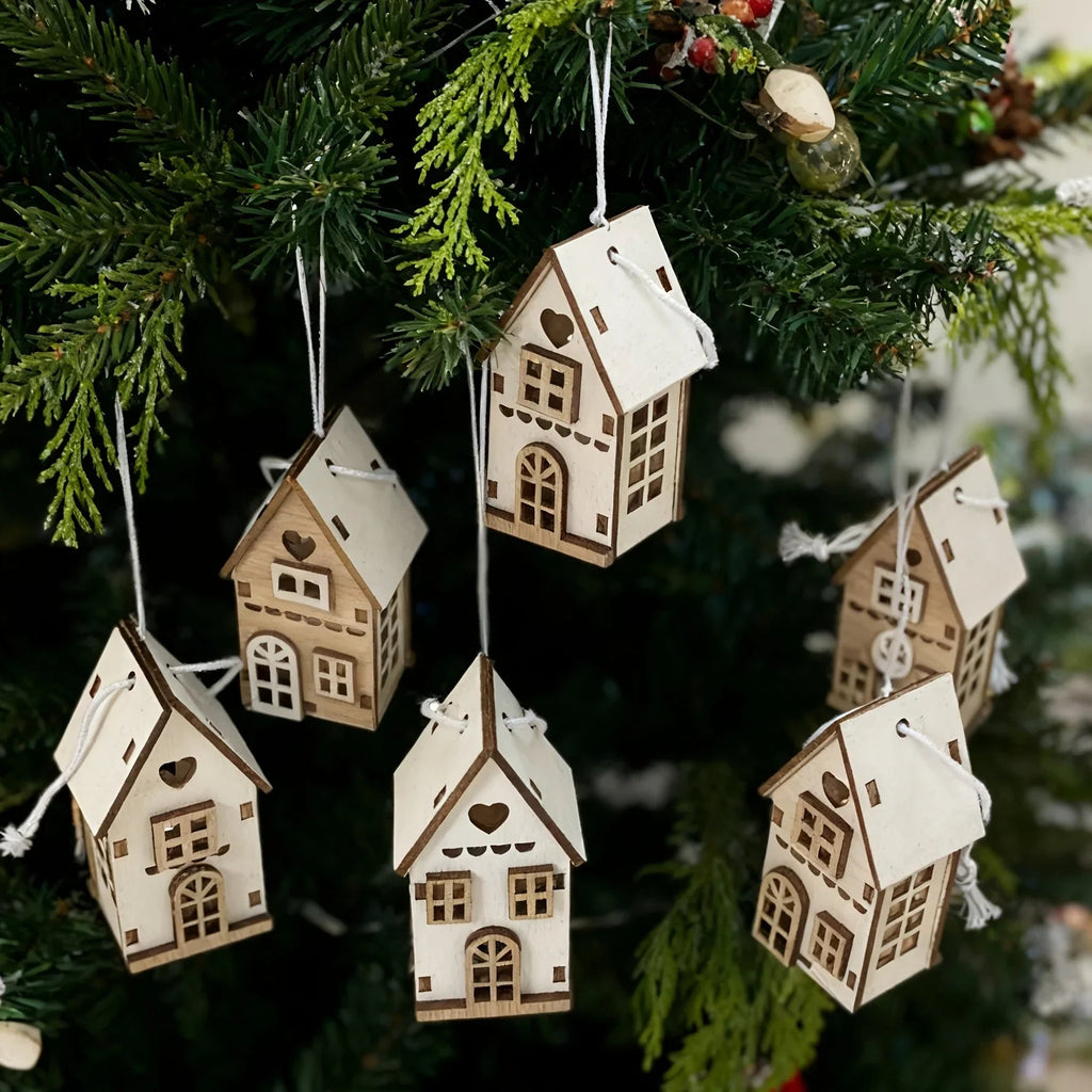6pcs Wooden Brown & White 3D Hanging House Ornaments with Windows - Festive Christmas Tree Decorations, Perfect for Wedding, Valentine'S Day, Thanksgiving House Of Avana [[SKU:HOA-SCU-234]]