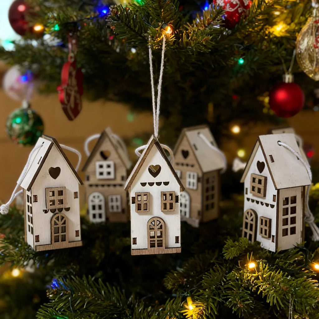 6pcs Wooden Brown & White 3D Hanging House Ornaments with Windows - Festive Christmas Tree Decorations, Perfect for Wedding, Valentine'S Day, Thanksgiving House Of Avana [[SKU:HOA-SCU-234]]