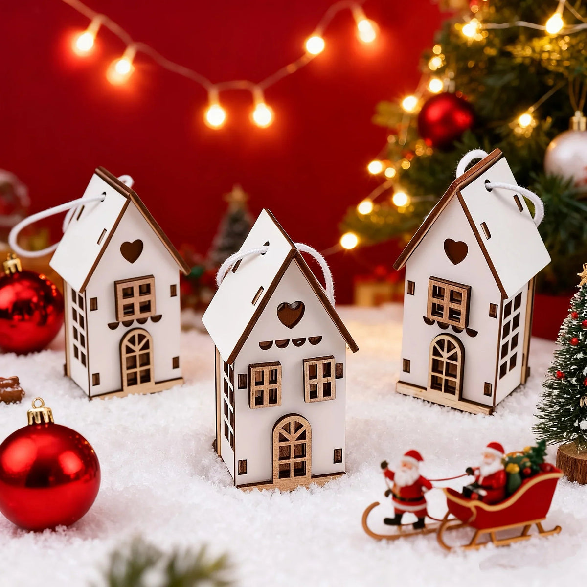 6pcs Wooden Brown & White 3D Hanging House Ornaments with Windows - Festive Christmas Tree Decorations, Perfect for Wedding, Valentine'S Day, Thanksgiving House Of Avana [[SKU:HOA-SCU-234]]