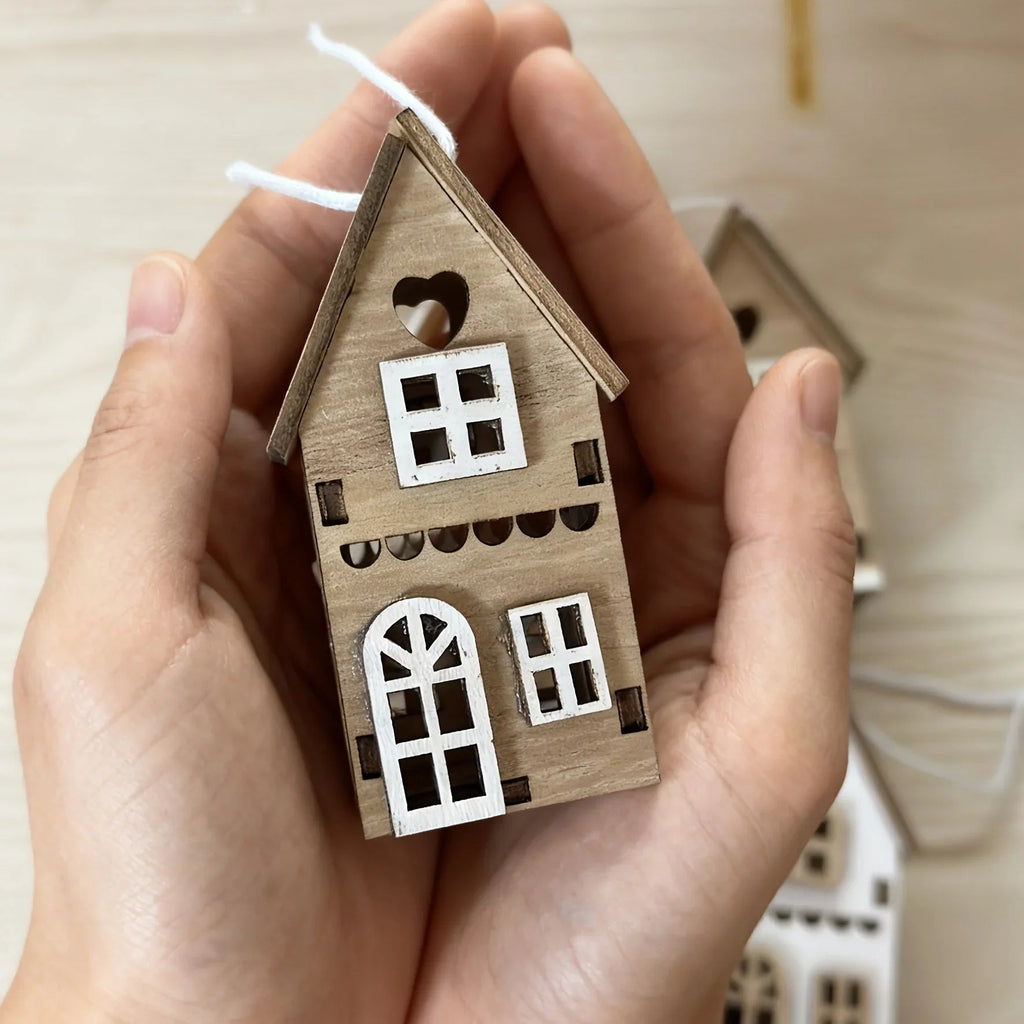 6pcs Wooden Brown & White 3D Hanging House Ornaments with Windows - Festive Christmas Tree Decorations, Perfect for Wedding, Valentine'S Day, Thanksgiving House Of Avana [[SKU:HOA-SCU-234]]