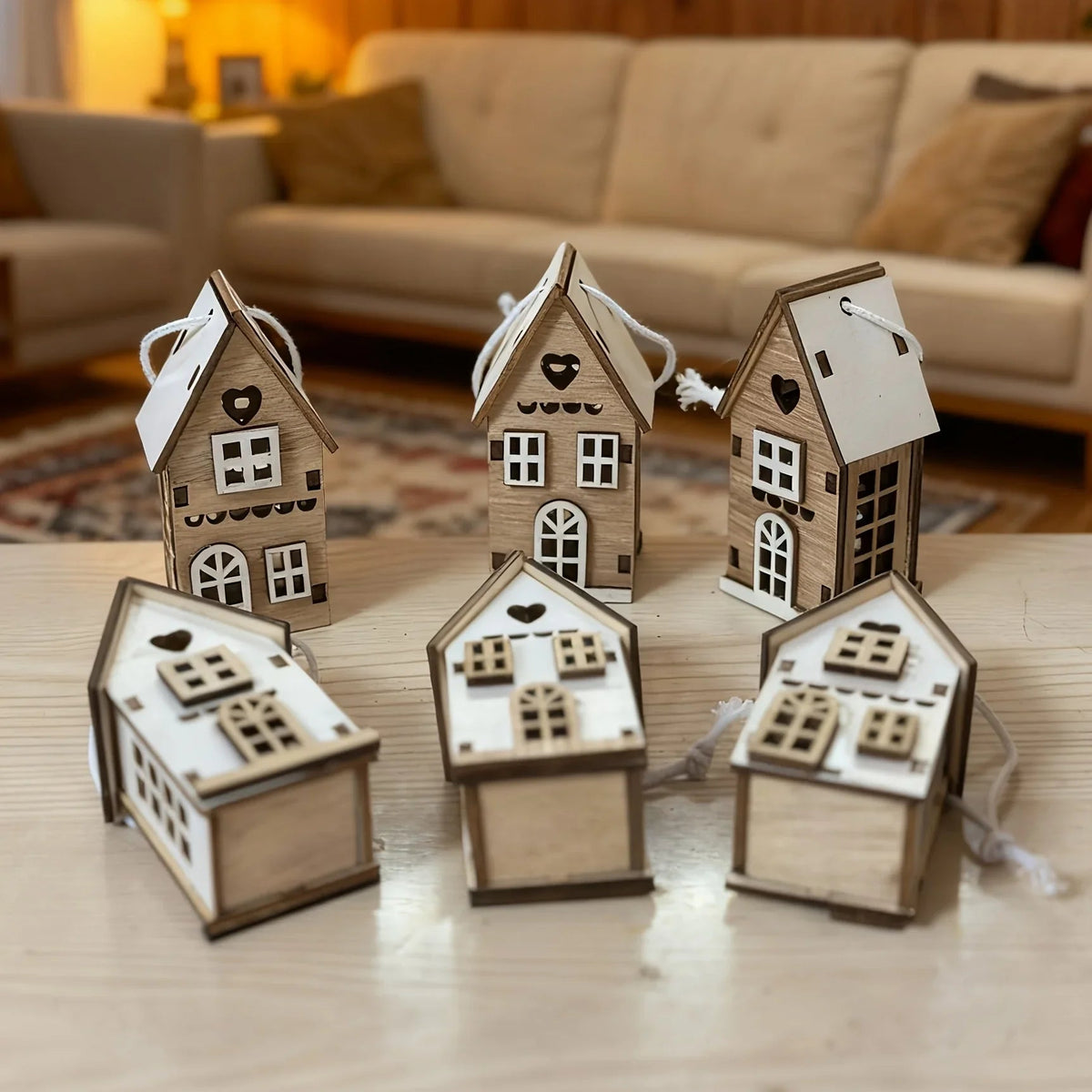 6pcs Wooden Brown & White 3D Hanging House Ornaments with Windows - Festive Christmas Tree Decorations, Perfect for Wedding, Valentine'S Day, Thanksgiving House Of Avana [[SKU:HOA-SCU-234]]