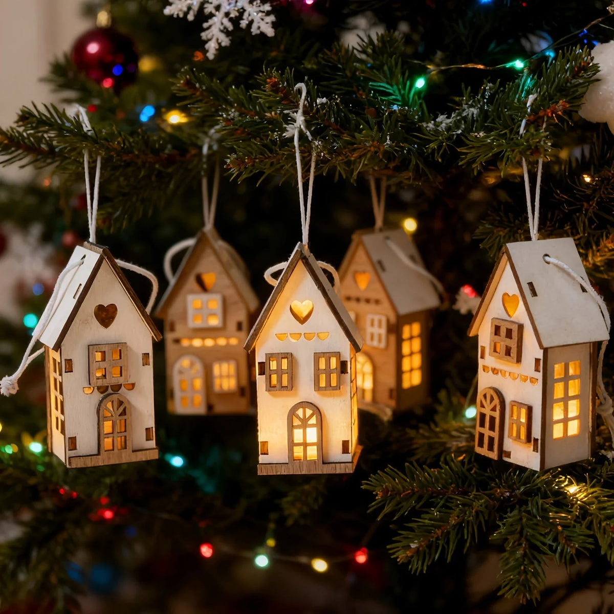 6pcs Wooden Brown & White 3D Hanging House Ornaments with Windows - Festive Christmas Tree Decorations, Perfect for Wedding, Valentine'S Day, Thanksgiving House Of Avana [[SKU:HOA-SCU-234]]