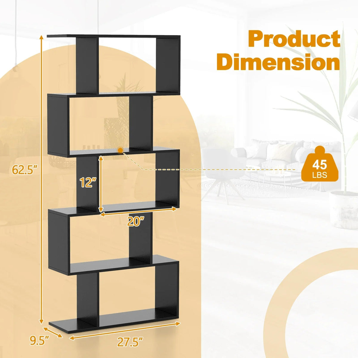 5-tier S-shaped Geometric Bookshelf - House Of Avana [[SKU:HOA-BOK-016]]
