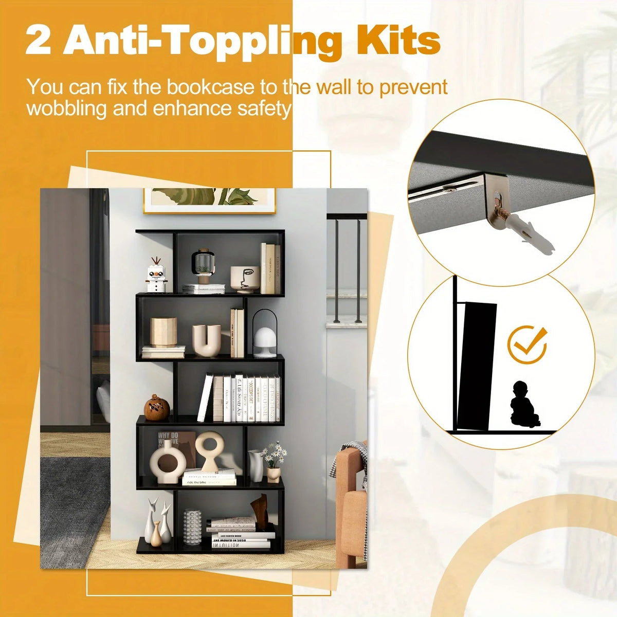5-tier S-shaped Geometric Bookshelf - House Of Avana [[SKU:HOA-BOK-016]]