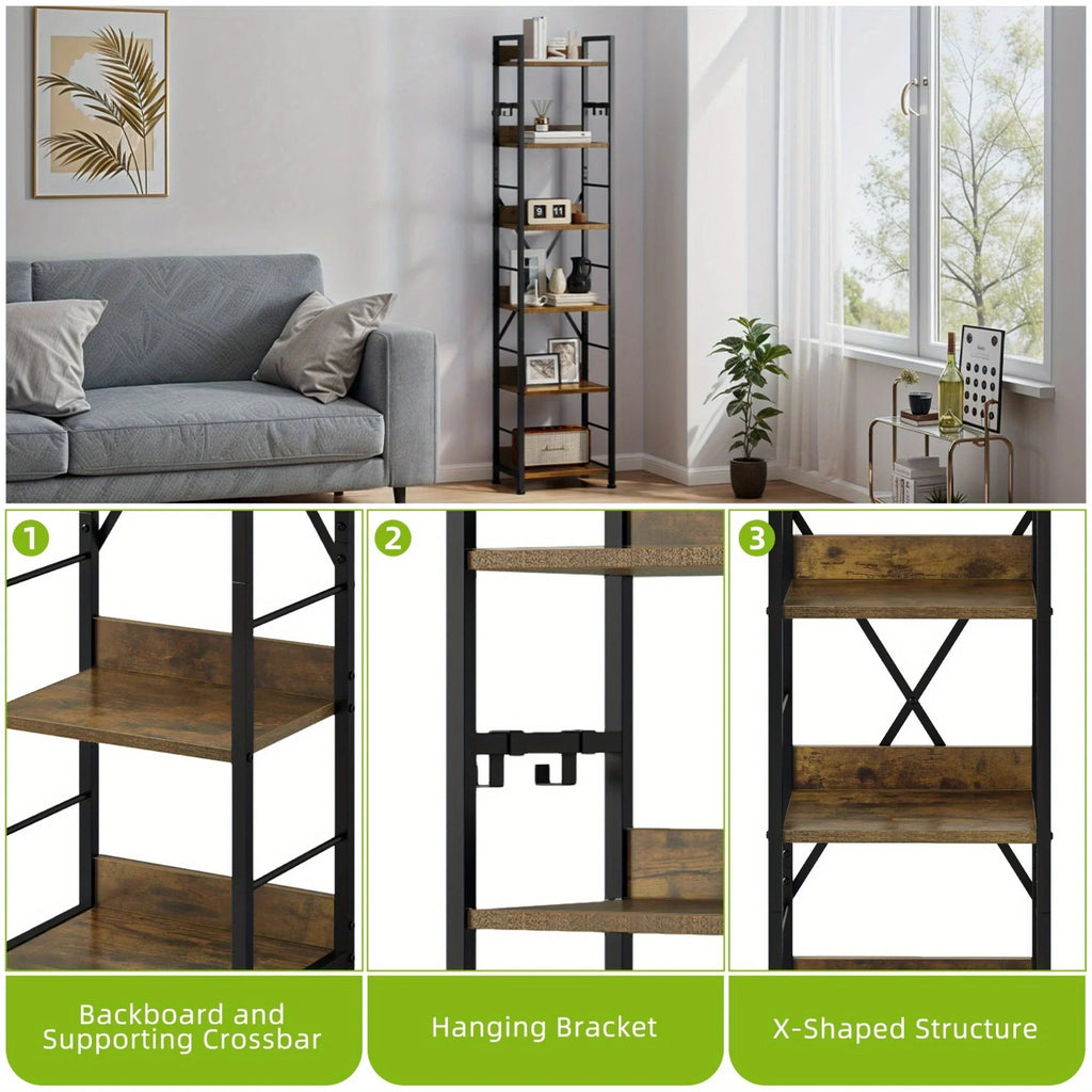 Brown 6-tier Bookshelf with Hooks - House Of Avana