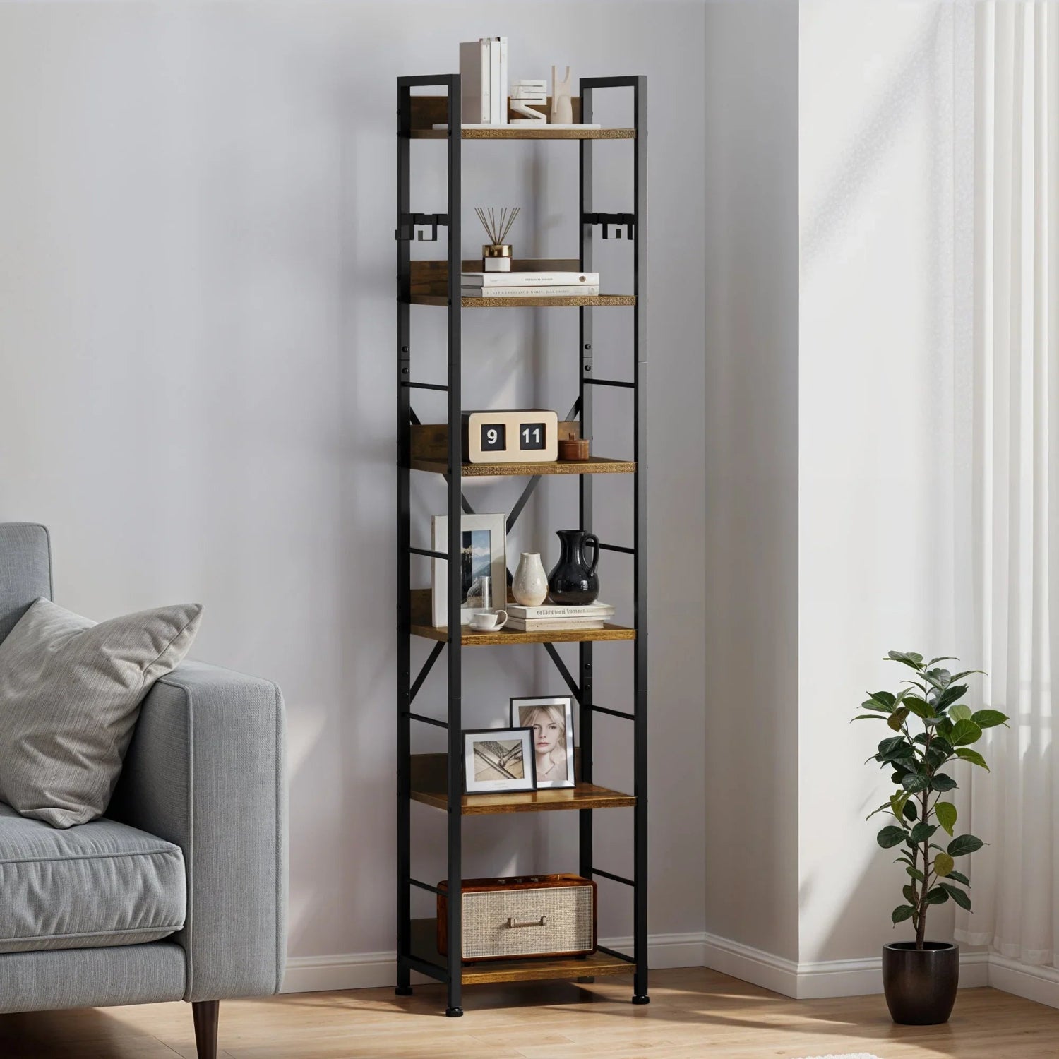 Brown 6-tier Bookshelf with Hooks - House Of Avana