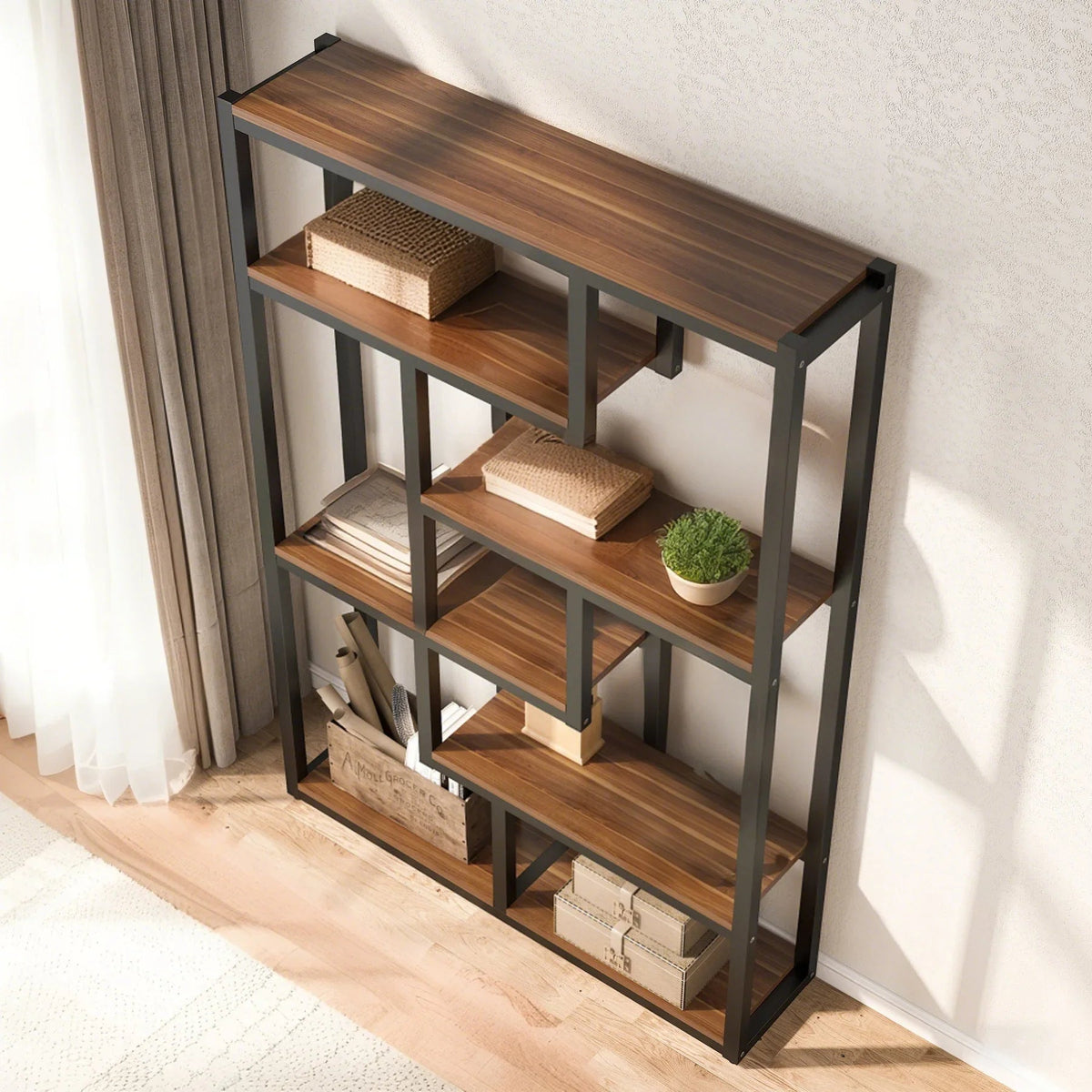 6-Shelf Modern Bookcase with Staggered Shelves & Sturdy Metal Frame - 69" Tall Hardwood & Engineered Wood Storage Shelf, Brown Finish Open Back Design for Living Room, Office, Bedroom - Easy Assembly, Bookshelf Decor, Versati House Of Avana [[SKU:HOA-BOK-002]]