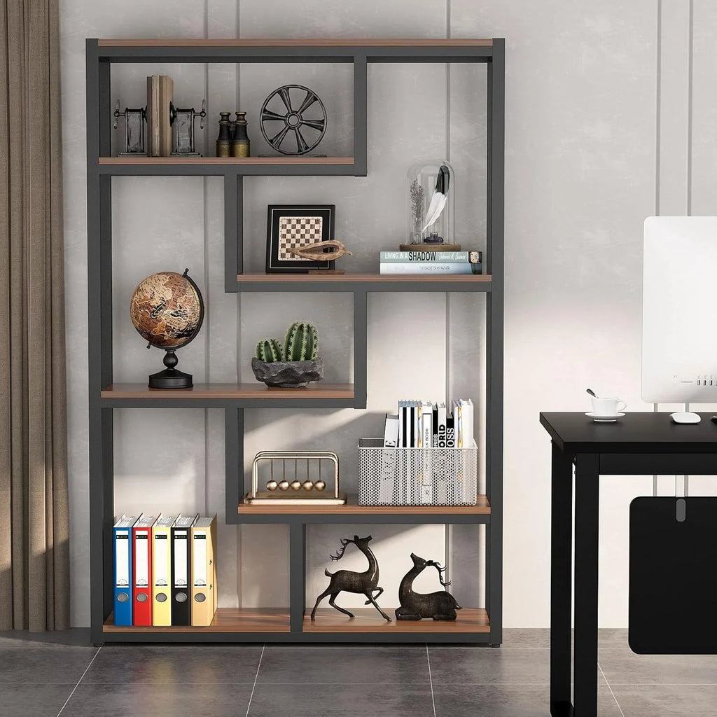6-Shelf Modern Bookcase with Staggered Shelves & Sturdy Metal Frame - 69" Tall Hardwood & Engineered Wood Storage Shelf, Brown Finish Open Back Design for Living Room, Office, Bedroom - Easy Assembly, Bookshelf Decor, Versati House Of Avana