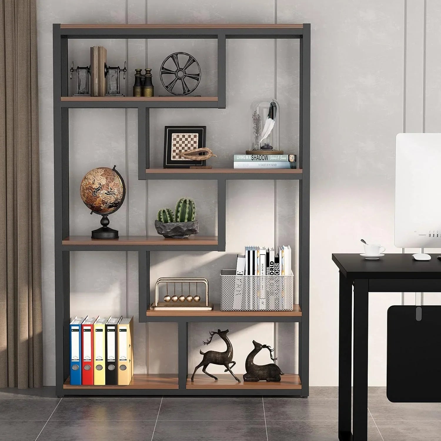 6-Shelf Modern Bookcase with Staggered Shelves & Sturdy Metal Frame - 69" Tall Hardwood & Engineered Wood Storage Shelf, Brown Finish Open Back Design for Living Room, Office, Bedroom - Easy Assembly, Bookshelf Decor, Versati House Of Avana