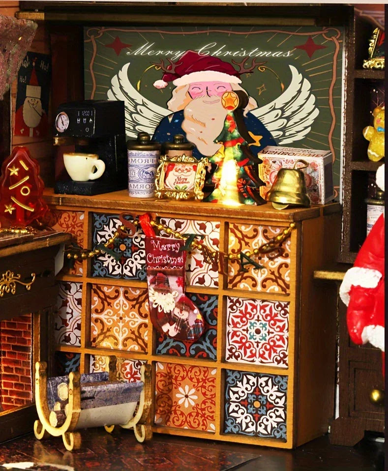 [Christmas Wooden House] QIAOLEXING Mini DIY Christmas Wooden House Kit | Handcrafted Model with Festive Furniture, Ideal for Collectible Home & Desktop Decor - Perfect Gift for Christmas, Thanksgiving & Birthdays, Christmas House Of Avana [[SKU:HOA-XMS-041]]