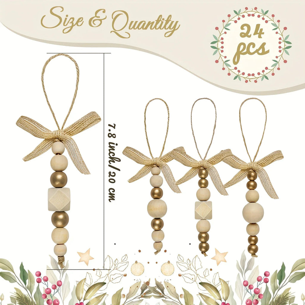 24pcs Bohemian Style Wooden Bead Christmas Tree Ornaments, Natural Wood Beads with Golden Beads and Bows - Farmhouse Style Hanging Decor for Wreaths, Holiday Trees, Floral Arrangements, Wedding Decor Accessories, Vintage Char House Of Avana [[SKU:HOA-XMS-027]]