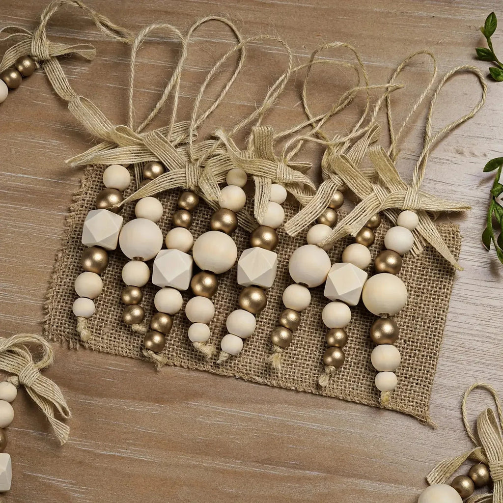 24pcs Bohemian Style Wooden Bead Christmas Tree Ornaments, Natural Wood Beads with Golden Beads and Bows - Farmhouse Style Hanging Decor for Wreaths, Holiday Trees, Floral Arrangements, Wedding Decor Accessories, Vintage Char House Of Avana [[SKU:HOA-XMS-027]]