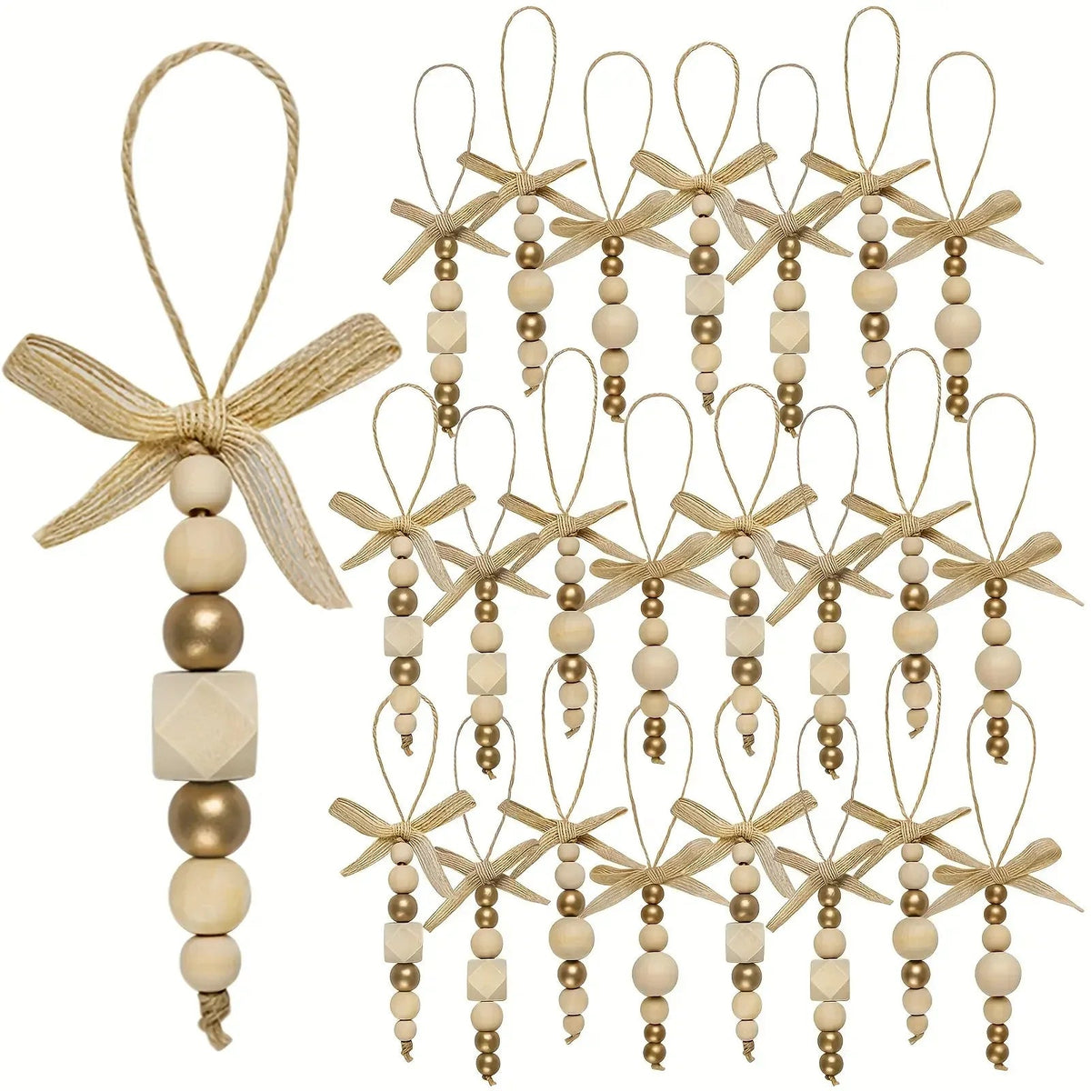 24pcs Bohemian Style Wooden Bead Christmas Tree Ornaments, Natural Wood Beads with Golden Beads and Bows - Farmhouse Style Hanging Decor for Wreaths, Holiday Trees, Floral Arrangements, Wedding Decor Accessories, Vintage Char House Of Avana [[SKU:HOA-XMS-027]]