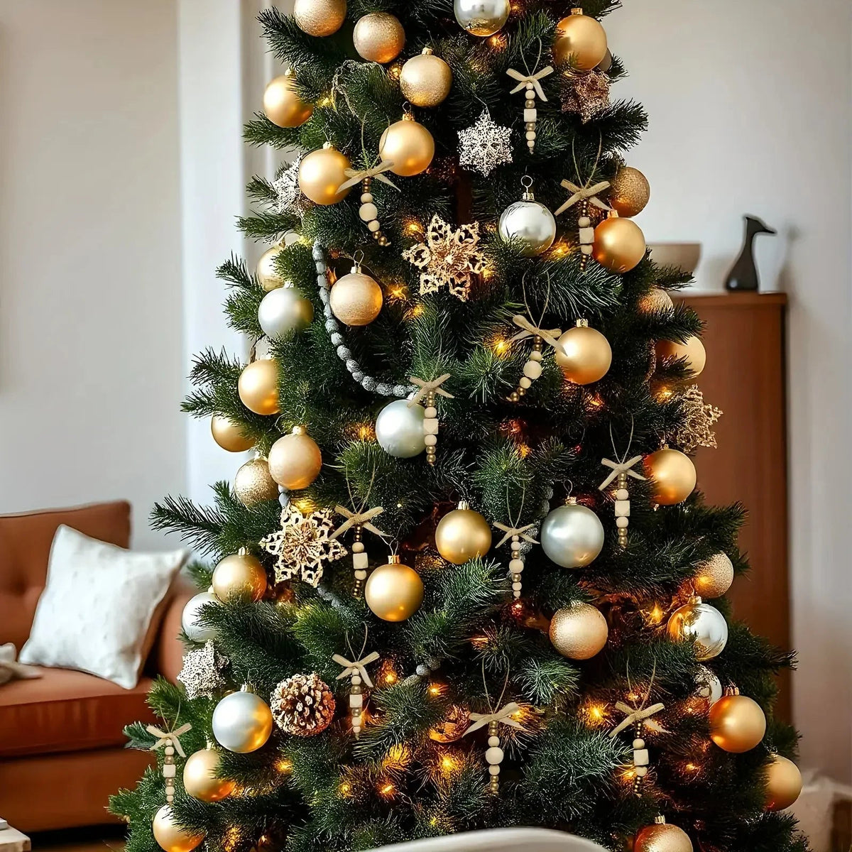 24pcs Bohemian Style Wooden Bead Christmas Tree Ornaments, Natural Wood Beads with Golden Beads and Bows - Farmhouse Style Hanging Decor for Wreaths, Holiday Trees, Floral Arrangements, Wedding Decor Accessories, Vintage Char House Of Avana [[SKU:HOA-XMS-027]]