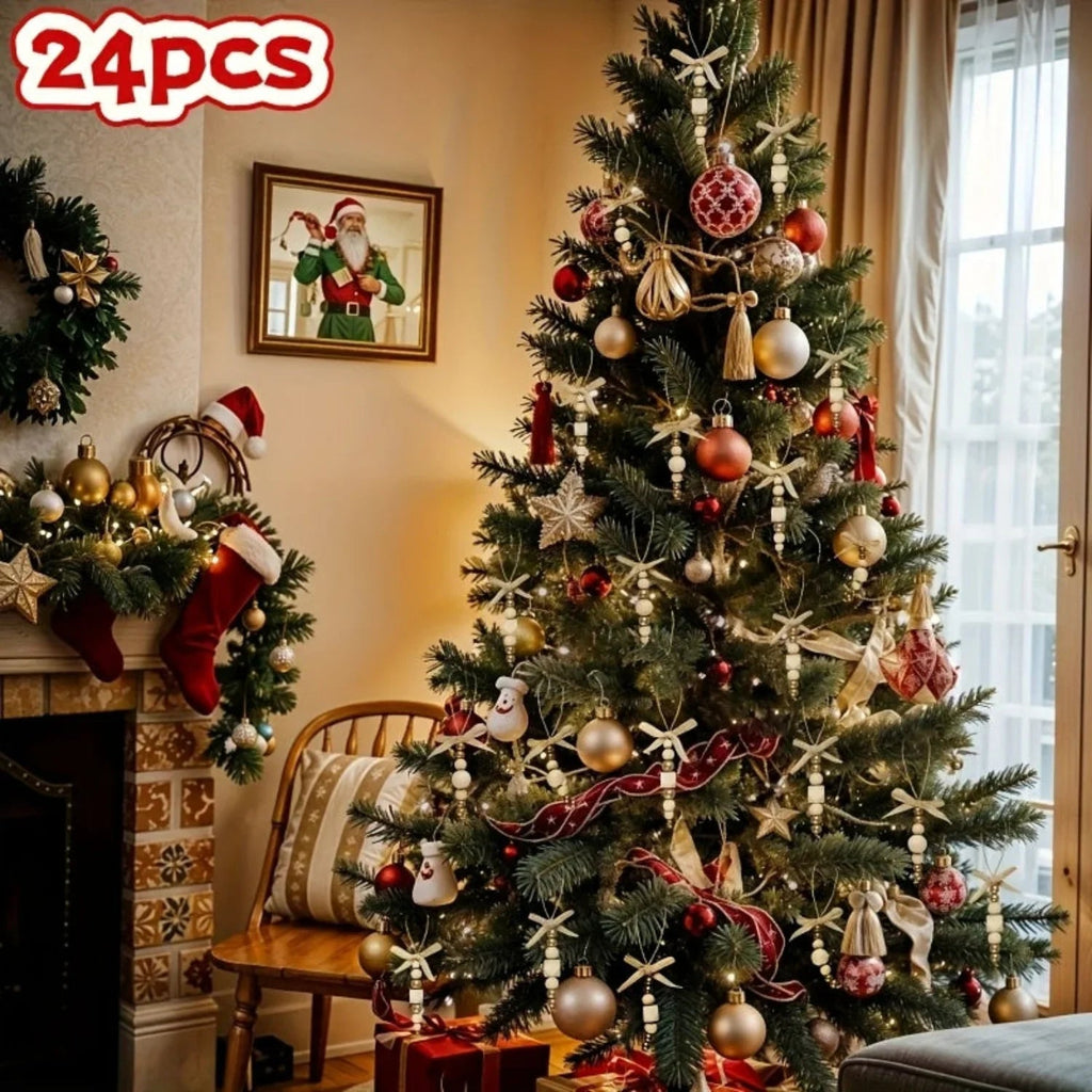 24pcs Bohemian Style Wooden Bead Christmas Tree Ornaments, Natural Wood Beads with Golden Beads and Bows - Farmhouse Style Hanging Decor for Wreaths, Holiday Trees, Floral Arrangements, Wedding Decor Accessories, Vintage Char House Of Avana [[SKU:HOA-XMS-027]]