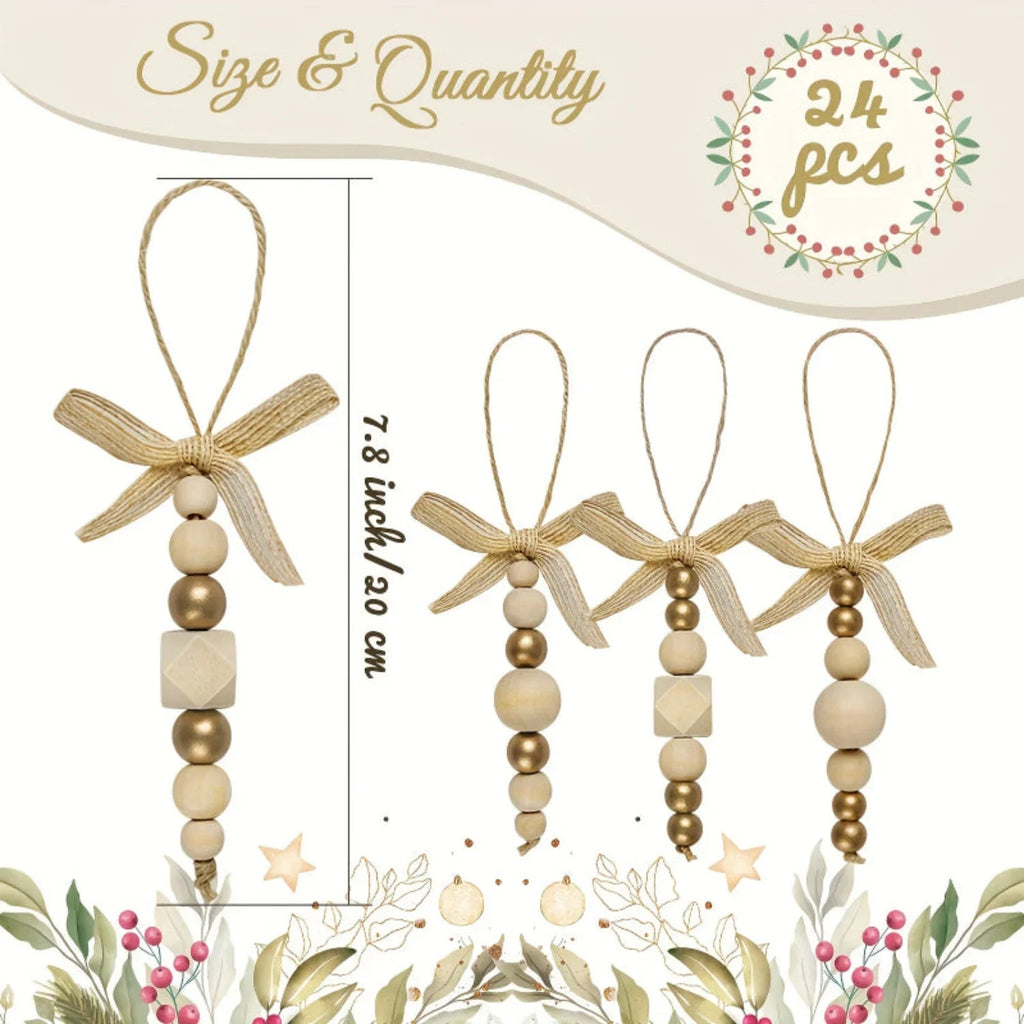 24pcs Bohemian Style Wooden Bead Christmas Tree Ornaments, Natural Wood Beads with Golden Beads and Bows - Farmhouse Style Hanging Decor for Wreaths, Holiday Trees, Floral Arrangements, Wedding Decor Accessories, Vintage Char House Of Avana [[SKU:HOA-XMS-027]]