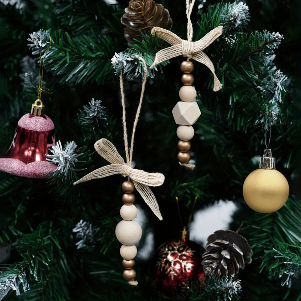 24pcs Bohemian Style Wooden Bead Christmas Tree Ornaments, Natural Wood Beads with Golden Beads and Bows - Farmhouse Style Hanging Decor for Wreaths, Holiday Trees, Floral Arrangements, Wedding Decor Accessories, Vintage Char House Of Avana [[SKU:HOA-XMS-027]]
