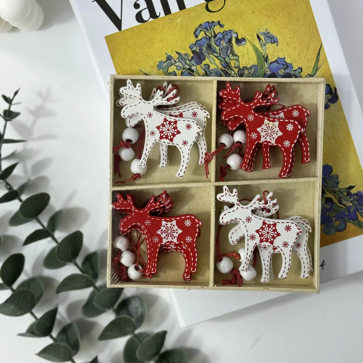 A box contains 12 wooden festive hanging decorations, Small cartoon shaped daily decoration, Perfect for Christmas Decorations, Patterned Christmas Tree Ornaments, Great for Family Holiday Carnival Parties House Of Avana [[SKU:HOA-SCU-238]]
