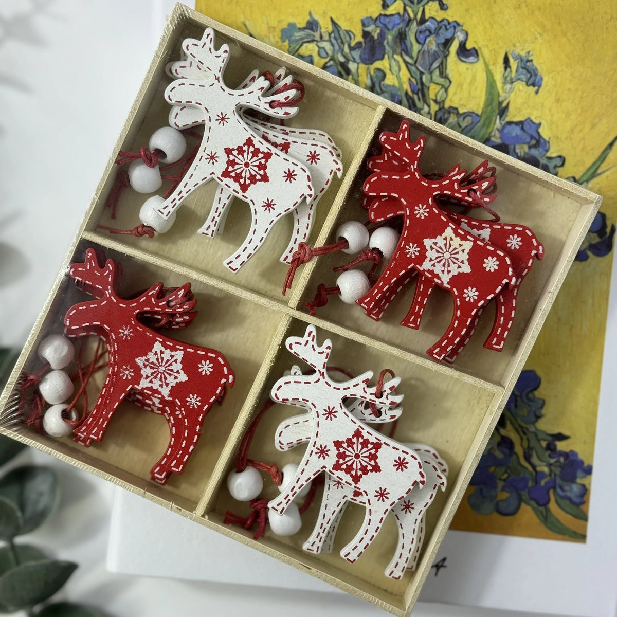 A box contains 12 wooden festive hanging decorations, Small cartoon shaped daily decoration, Perfect for Christmas Decorations, Patterned Christmas Tree Ornaments, Great for Family Holiday Carnival Parties House Of Avana [[SKU:HOA-SCU-238]]