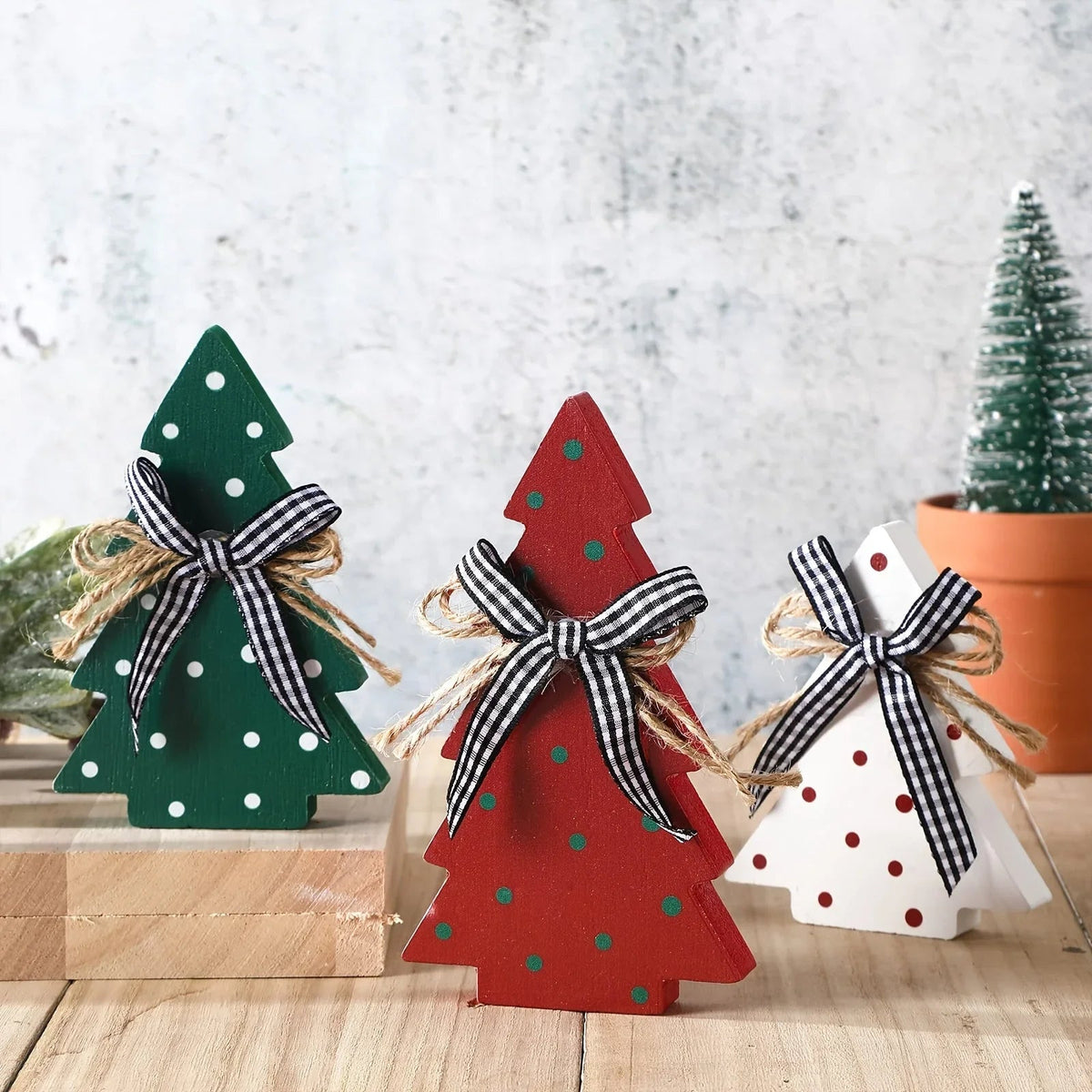 Christmas Tiered Tray Decoration Set - 3pcs Rustic Wooden Christmas Tree Design with Polka Dot Elements Table Centerpieces - Farmhouse Style Freestanding Display for Coffee Bar, Dining Table, Fireplace Mantel, Living Room Boo House Of Avana [[SKU:HOA-WAL-043]]