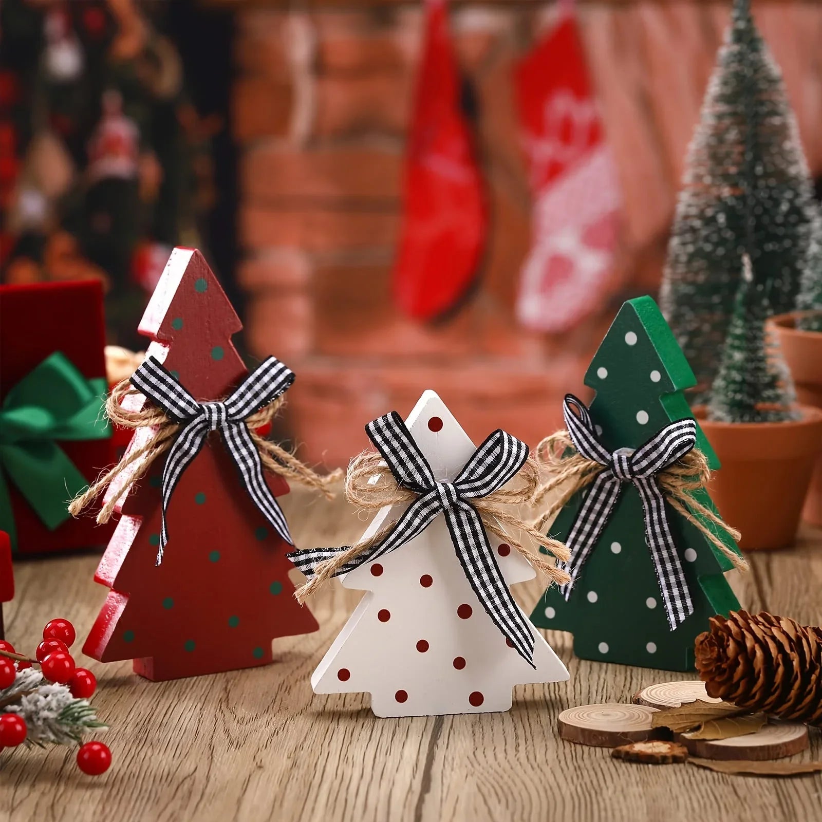 Christmas Tiered Tray Decoration Set - 3pcs Rustic Wooden Christmas Tree Design with Polka Dot Elements Table Centerpieces - Farmhouse Style Freestanding Display for Coffee Bar, Dining Table, Fireplace Mantel, Living Room Boo House Of Avana