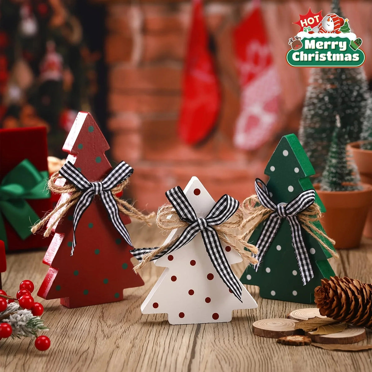 Christmas Tiered Tray Decoration Set - 3pcs Rustic Wooden Christmas Tree Design with Polka Dot Elements Table Centerpieces - Farmhouse Style Freestanding Display for Coffee Bar, Dining Table, Fireplace Mantel, Living Room Boo House Of Avana [[SKU:HOA-WAL-043]]
