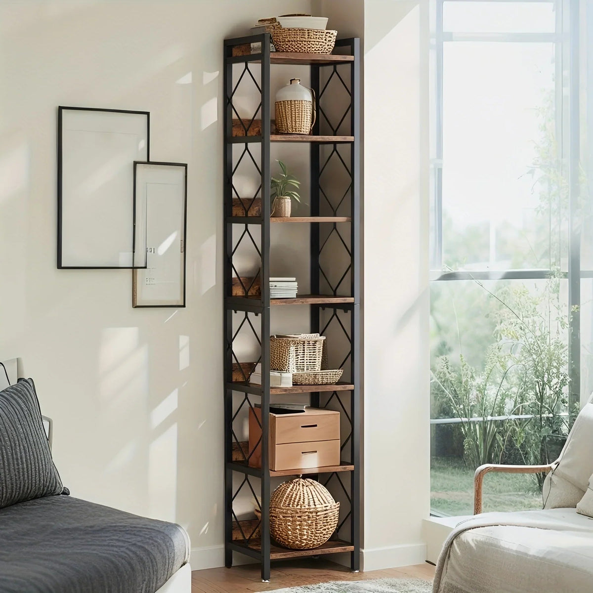 Corner Bookshelf for Small Spaces, Extra Tall 7-tier Skinny Organizer for Home Office Storage - House Of Avana [[SKU:HOA-BOK-017]]