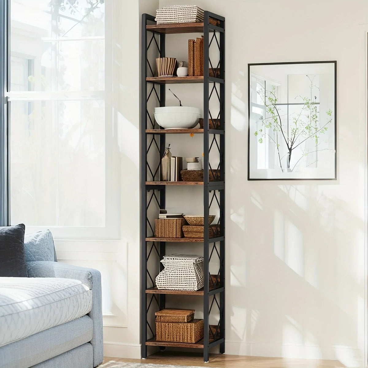 Corner Bookshelf for Small Spaces, Extra Tall 7-tier Skinny Organizer for Home Office Storage - House Of Avana [[SKU:HOA-BOK-017]]
