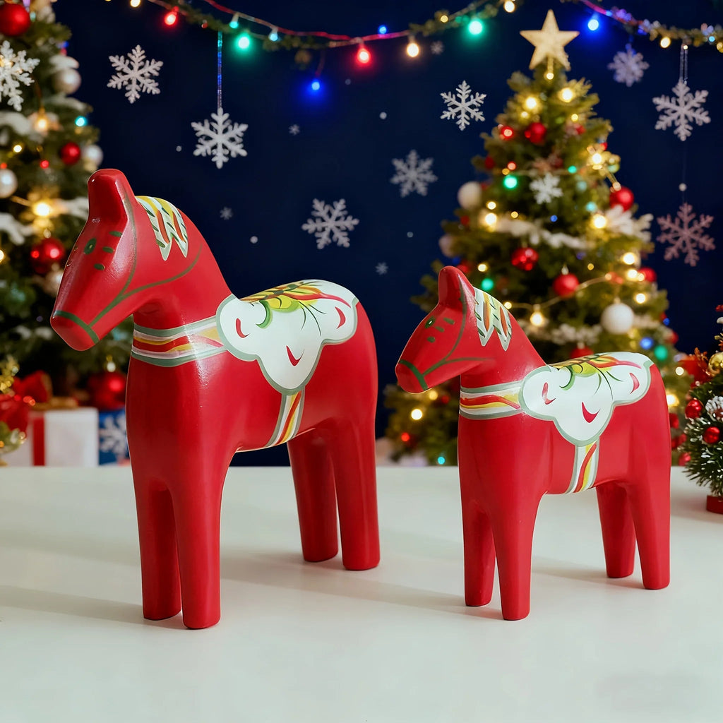 Pair of Hand-Painted Nordic Red Dala Horses | Swedish Traditional Wooden Ornament for Wedding, Christmas & Luxury Home Decor | Hand-Carved, Suitable for Various Room Types & Multiple Holidays House Of Avana [[SKU:HOA-XMS-033]]