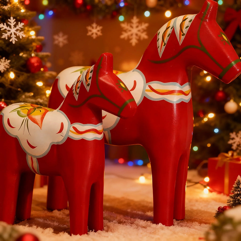 Pair of Hand-Painted Nordic Red Dala Horses | Swedish Traditional Wooden Ornament for Wedding, Christmas & Luxury Home Decor | Hand-Carved, Suitable for Various Room Types & Multiple Holidays House Of Avana [[SKU:HOA-XMS-033]]