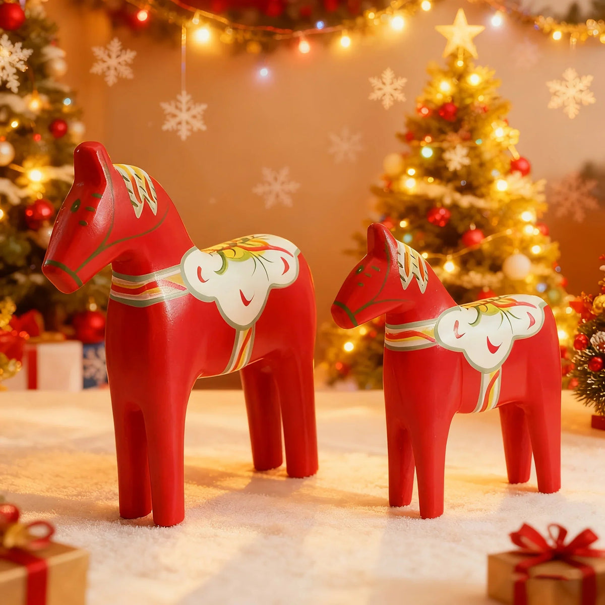 Pair of Hand-Painted Nordic Red Dala Horses | Swedish Traditional Wooden Ornament for Wedding, Christmas & Luxury Home Decor | Hand-Carved, Suitable for Various Room Types & Multiple Holidays House Of Avana [[SKU:HOA-XMS-033]]