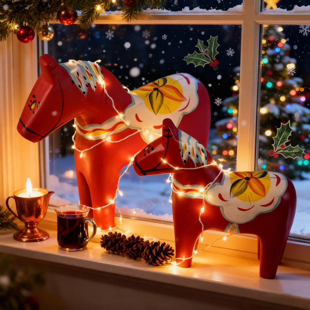 Pair of Hand-Painted Nordic Red Dala Horses | Swedish Traditional Wooden Ornament for Wedding, Christmas & Luxury Home Decor | Hand-Carved, Suitable for Various Room Types & Multiple Holidays House Of Avana [[SKU:HOA-XMS-033]]