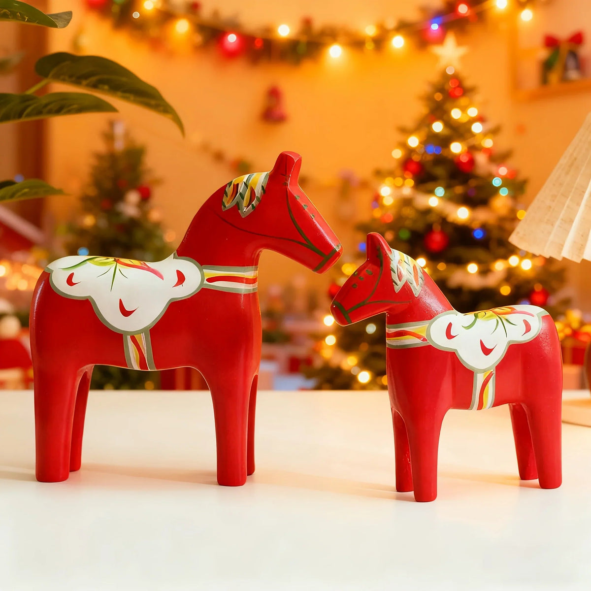Pair of Hand-Painted Nordic Red Dala Horses | Swedish Traditional Wooden Ornament for Wedding, Christmas & Luxury Home Decor | Hand-Carved, Suitable for Various Room Types & Multiple Holidays House Of Avana [[SKU:HOA-XMS-033]]