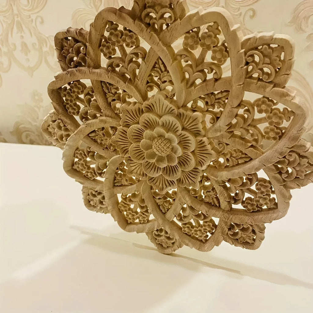 Wooden Flower Carving Disc - Yellow Floral Design on Natural Wood, texture detail - House Of Avana