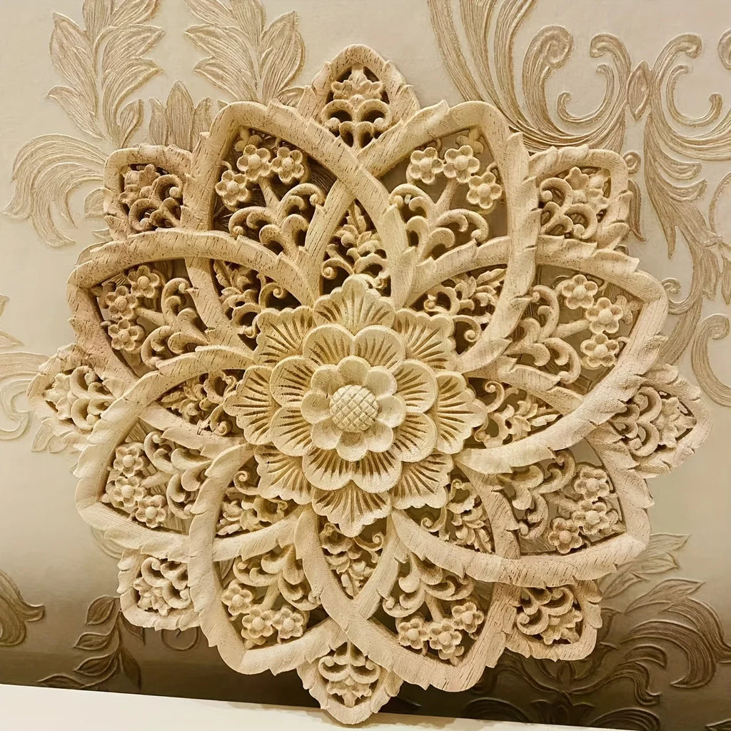 Wooden Flower Carving Disc - Yellow Floral Design on Natural Wood, lifestyle image - House Of Avana