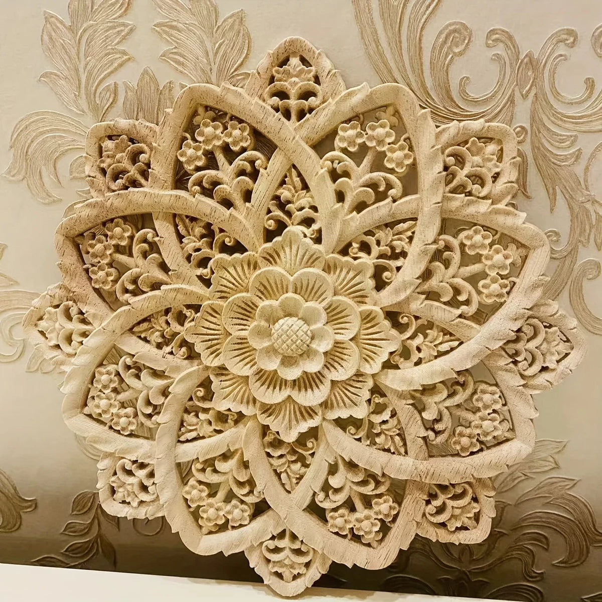 Wooden Flower Carving Disc - Yellow Floral Design on Natural Wood, lifestyle image - House Of Avana [[SKU:HOA-WAL-045]]