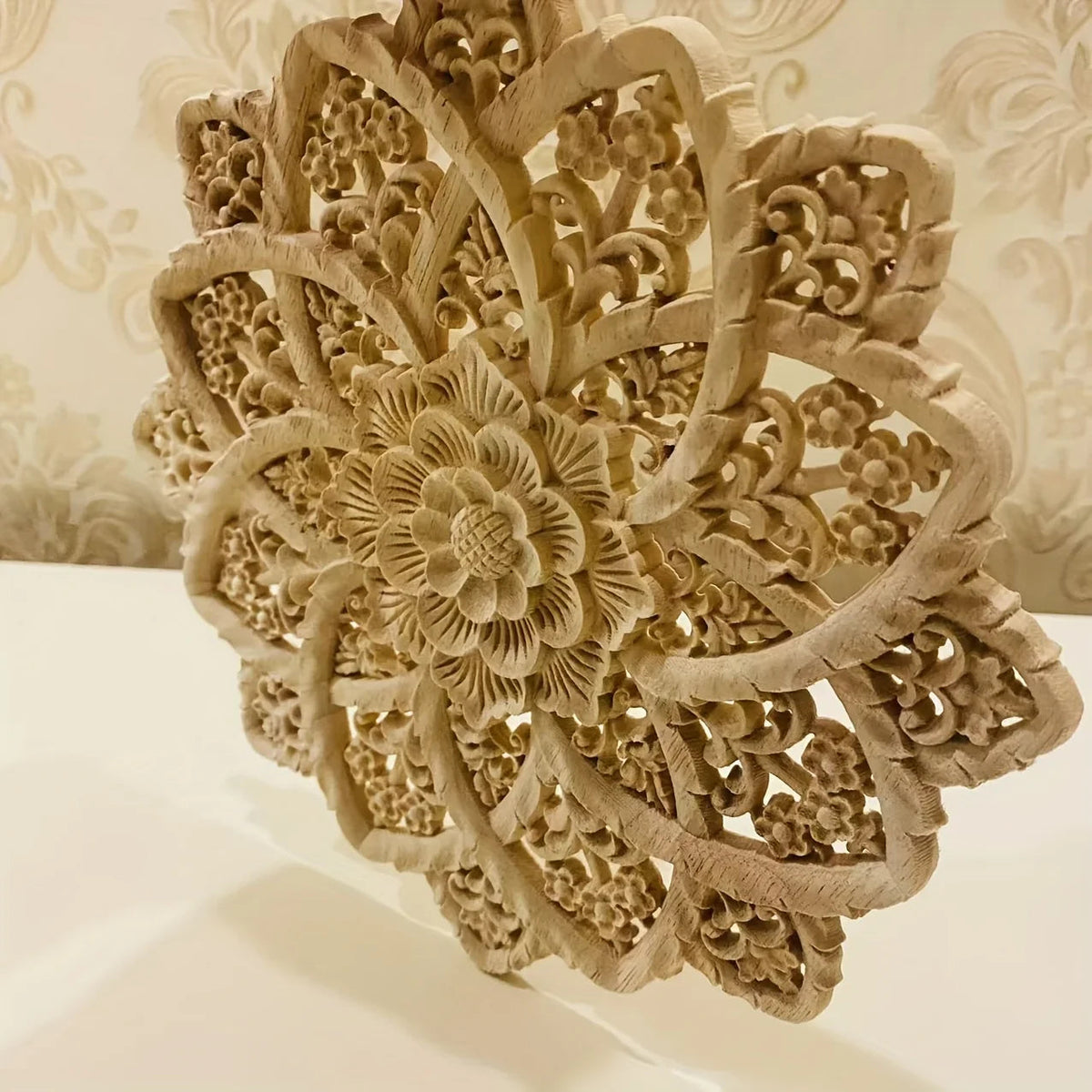 Wooden Flower Carving Disc - Yellow Floral Design on Natural Wood, top view - House Of Avana [[SKU:HOA-WAL-045]]