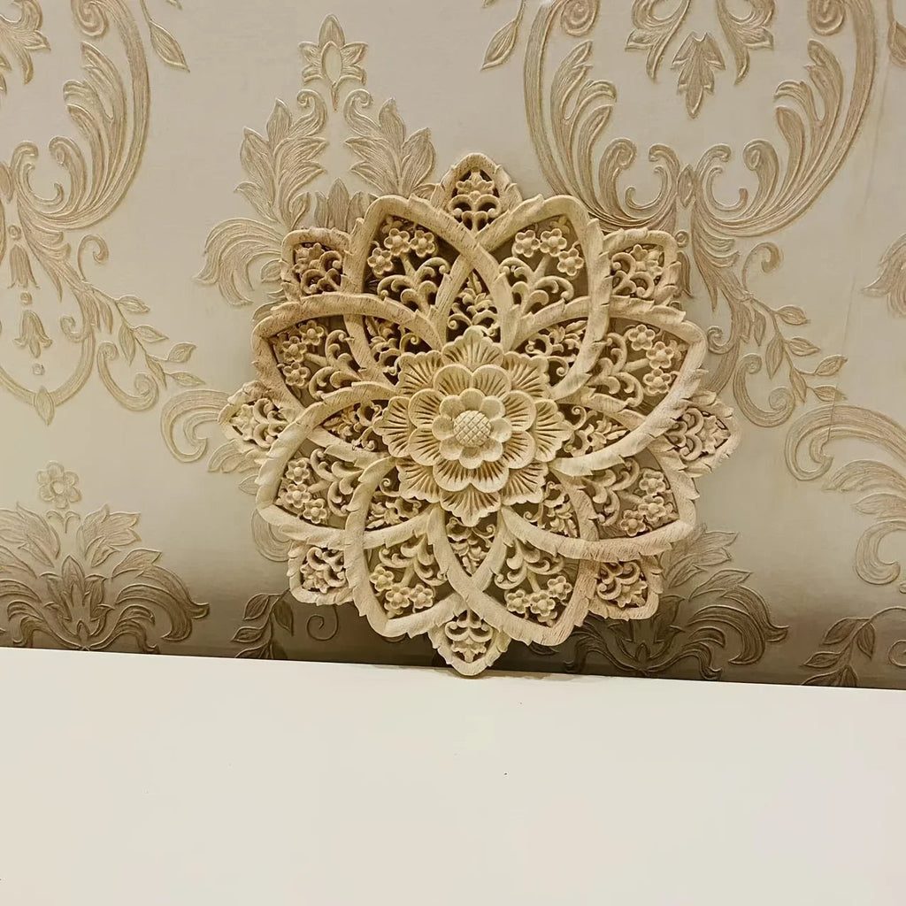 Wooden Flower Carving Disc - Yellow Floral Design on Natural Wood, angled view - House Of Avana [[SKU:HOA-WAL-045]]