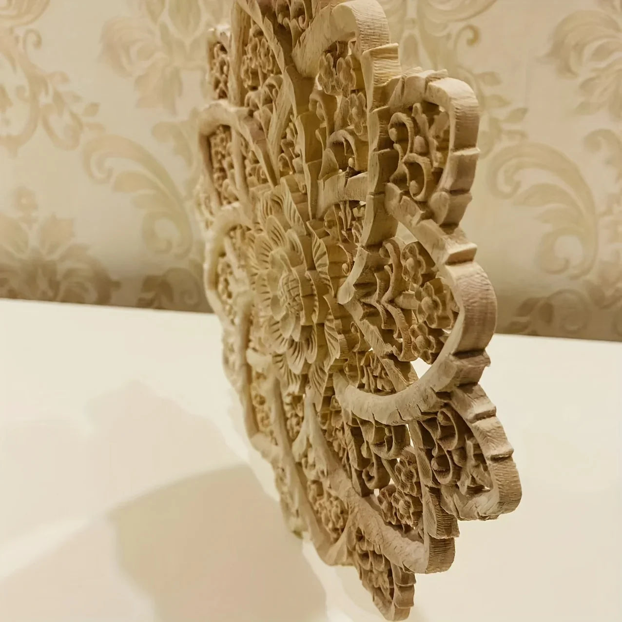Wooden Flower Carving Disc - Yellow Floral Design on Natural Wood, angled view - House Of Avana