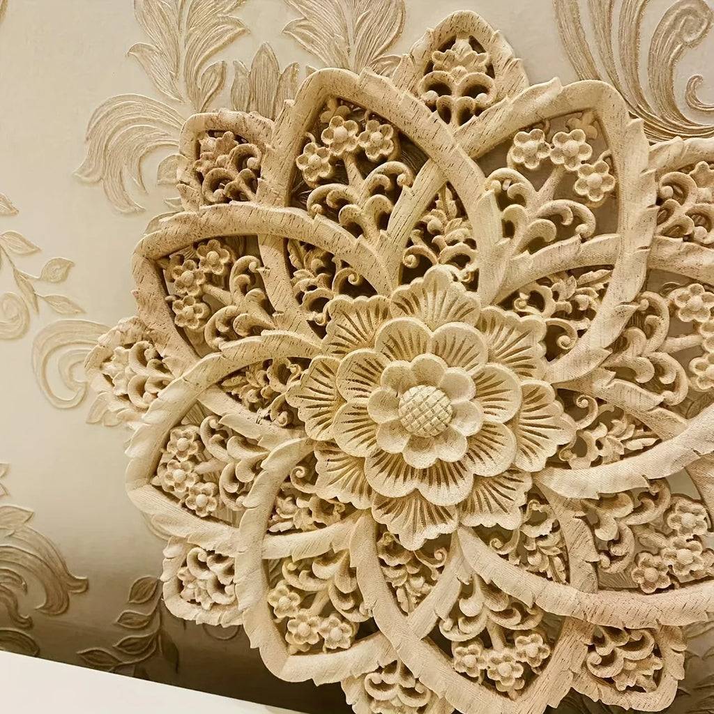 Wooden Flower Carving Disc - Yellow Floral Design on Natural Wood, front view - House Of Avana