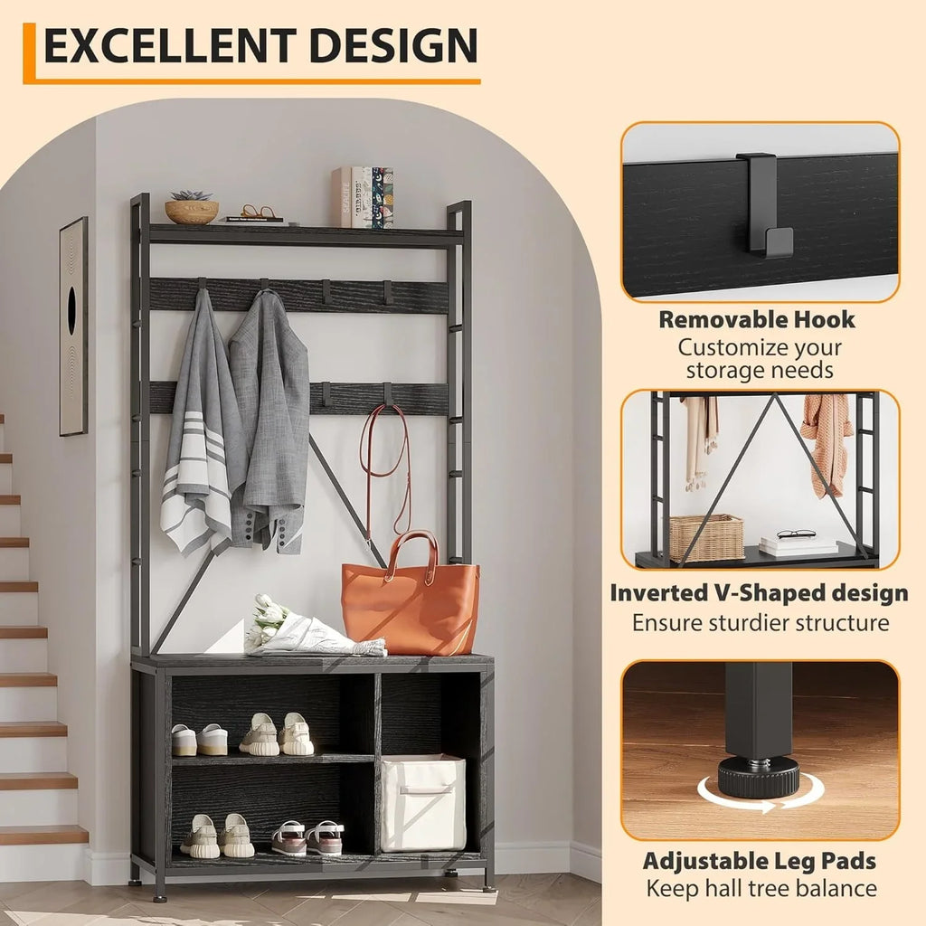 Industrial Modern Hall Tree with Bench - Heavy-duty Freestanding Entryway Storage Cabinet with Coat... - House Of Avana