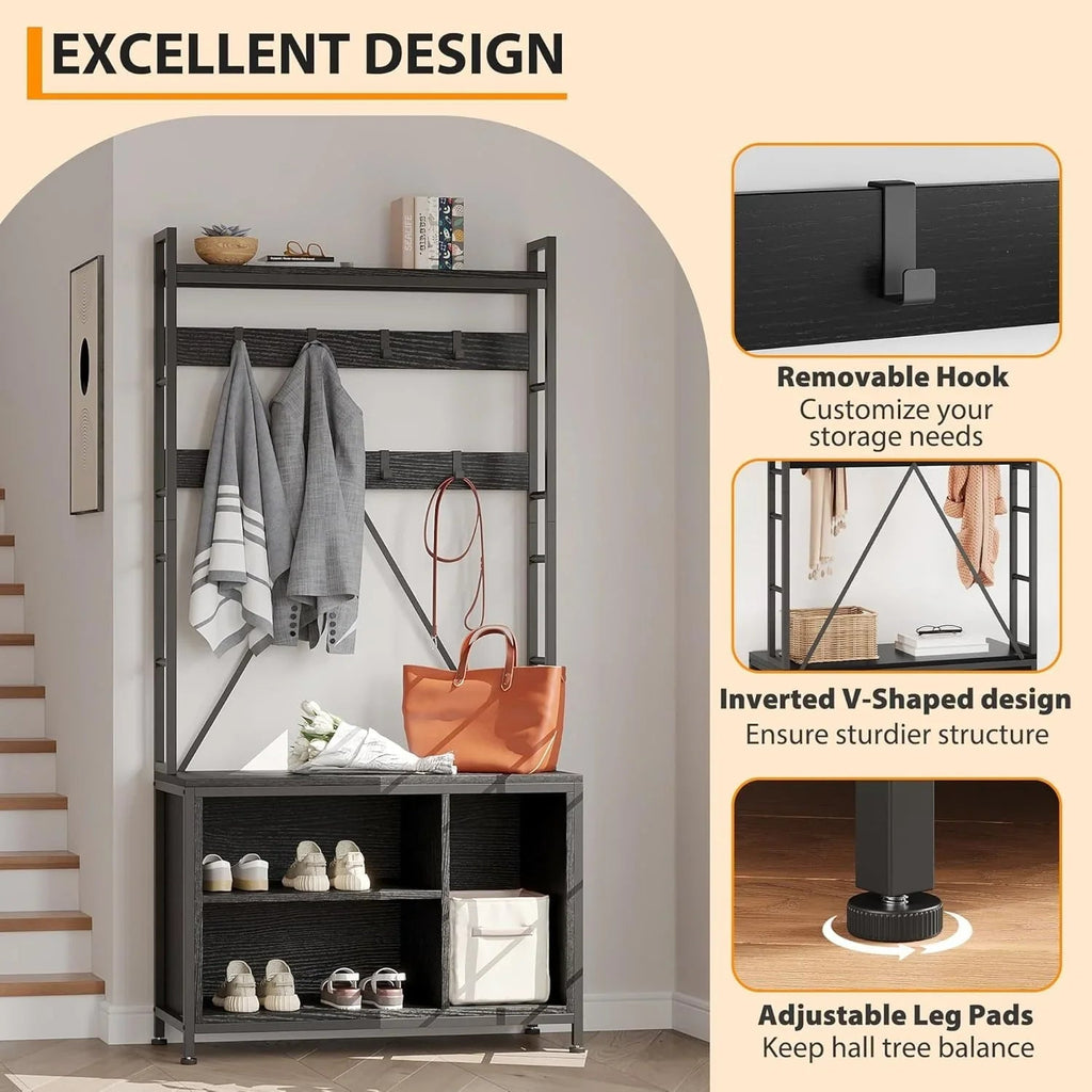 Industrial Modern Hall Tree with Bench - Heavy-duty Freestanding Entryway Storage Cabinet with Coat... - House Of Avana [[SKU:HOA-BEN-007]]