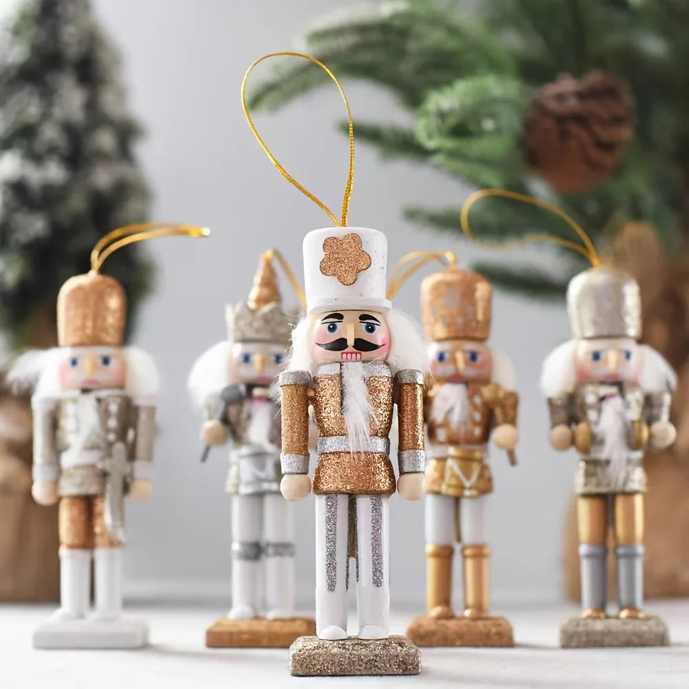 5pcs Rustic Nutcracker Ornaments Set, Golden Glitter Wooden Soldiers, Classic Christmas Tree Hanging Decor, Festive Holiday Accents, No Feather, No Power Needed House Of Avana [[SKU:HOA-SCU-228]]