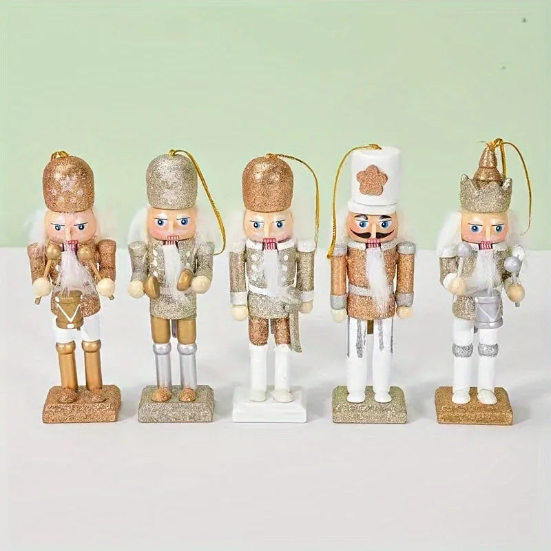 5pcs Rustic Nutcracker Ornaments Set, Golden Glitter Wooden Soldiers, Classic Christmas Tree Hanging Decor, Festive Holiday Accents, No Feather, No Power Needed House Of Avana [[SKU:HOA-SCU-228]]